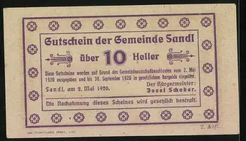 Notgeld Sandl 1920, 10 Heller, Dorflandschaft, lila Gestaltung, Ausgabe 2. Mai, gültig bis 30. Sept. 1920