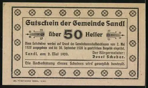 Notgeld Sandl 1920, 50 Heller, Landschaft mit Hirsch am Flussufer