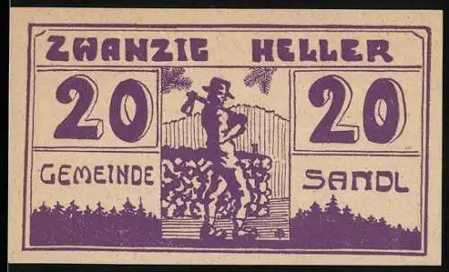 Notgeld Sandl 1920, 20 Heller, Holzfäller vor Bergen und Bäumen