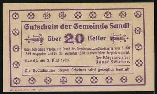 Notgeld Sandl 1920, 20 Heller, Holzfäller vor Bergen und Bäumen