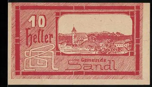 Notgeld Sandl 1920, 10 Heller, Ortsansicht mit Kirche und dekorative Umrandung