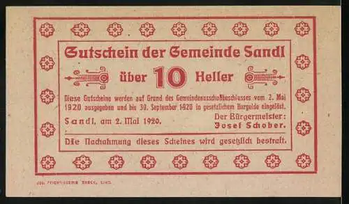 Notgeld Sandl 1920, 10 Heller, Ortsansicht mit Kirche und dekorative Umrandung