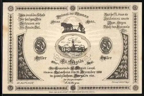 Notgeld St. Aegidi 1920, 50 Heller, Landschaft mit Pflug und Kirche, 3. Auflage