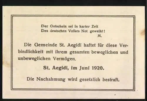 Notgeld St. Aegidi 1920, 50 Heller, Landschaft mit Pflug und Kirche, 3. Auflage