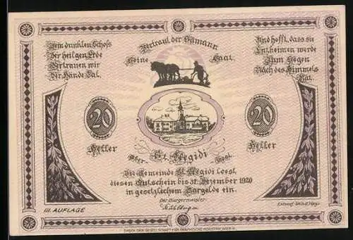 Notgeld St. Aegidi 1920, 20 Heller, Bauern mit Pflug und Kirche, Text zur Haftung und gesetzlichem Schutz