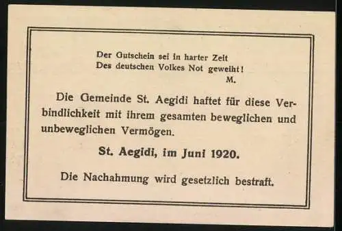 Notgeld St. Aegidi 1920, 20 Heller, Bauern mit Pflug und Kirche, Text zur Haftung und gesetzlichem Schutz