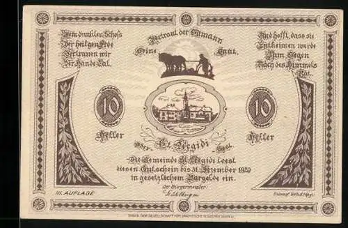 Notgeld St. Aegidi 1920, 10 Heller, Motiv mit Pferd und Pflug, Gebäudeansicht, Spruchbänder, III. Auflage