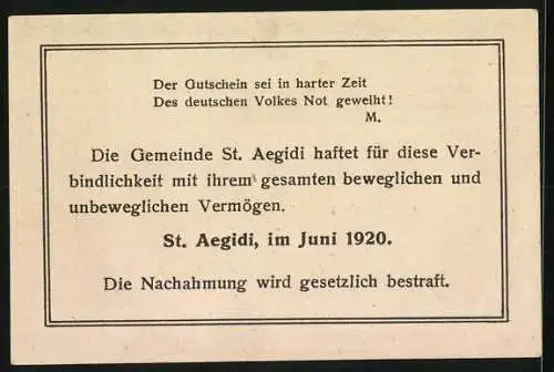 Notgeld St. Aegidi 1920, 10 Heller, Motiv mit Pferd und Pflug, Gebäudeansicht, Spruchbänder, III. Auflage