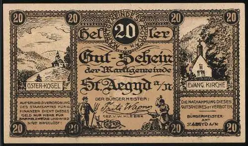 Notgeld St. Aegyd, 20 Heller, Osterkogel und Evangelische Kirche