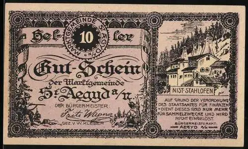 Notgeld St. Aegyd, 10 Heller, Landschaft mit Gebäuden und Wald