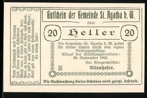 Notgeld St. Agatha 1920, 20 Heller, Eadinger Hütte mit Linden 1626, Textlinke und Bürgermeister Altenhofer