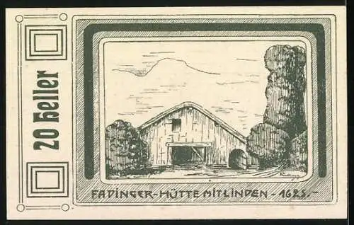 Notgeld St. Agatha 1920, 20 Heller, Eadinger Hütte mit Linden 1626, Textlinke und Bürgermeister Altenhofer