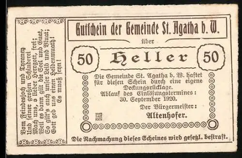 Notgeld St. Agatha 1920, 50 Heller, Fadingerhof-Motiv, Text und Verzierung