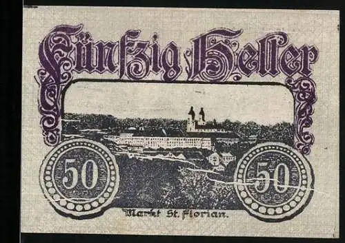 Notgeld St. Florian, 50 Heller, Anton Bruckner Porträt und Stadtansicht, Wappen vorhanden