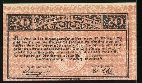 Notgeld St. Florian 1920, 20 Heller, Stift St. Florian, Text mit Inschrift In harter Zeit Gott Schutz verleiht