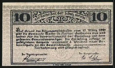 Notgeld St. Florian, 10 Heller, Gebäudeansicht mit Schriftzug und Signaturen, kein Jahr