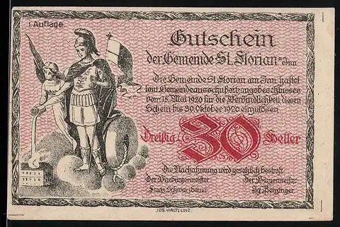 Notgeld St. Florian 1920, 30 Heller, Ritter und Flusspanorama mit Dampfschiff und Kirche