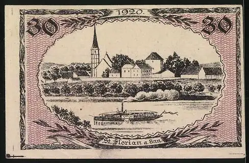 Notgeld St. Florian 1920, 30 Heller, Ritter und Flusspanorama mit Dampfschiff und Kirche