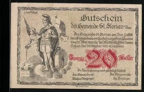 Notgeld St. Florian 1920, 20 Heller, St. Florian mit Flagge, Stadtansicht und Dampfschiff auf Fluss