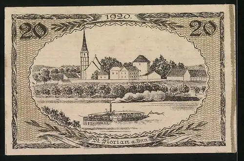 Notgeld St. Florian 1920, 20 Heller, St. Florian mit Flagge, Stadtansicht und Dampfschiff auf Fluss