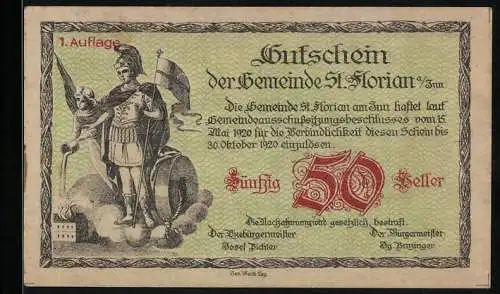 Notgeld St. Florian 1920, 50 Heller, Krieger mit Standarte und Flusslandschaft mit Kirche und Häusern