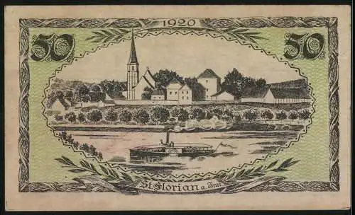 Notgeld St. Florian 1920, 50 Heller, Krieger mit Standarte und Flusslandschaft mit Kirche und Häusern