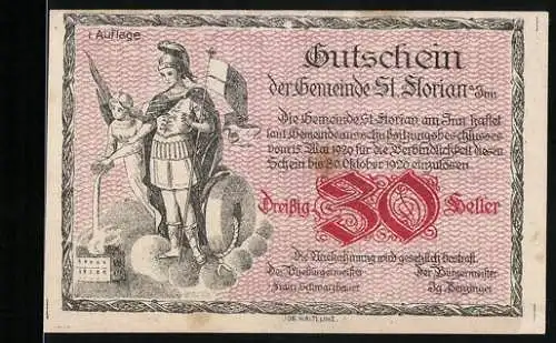 Notgeld St. Florian 1920, 30 Heller, St. Florian mit Fahne, Dampfschiff und Stadtansicht