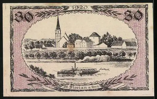 Notgeld St. Florian 1920, 30 Heller, St. Florian mit Fahne, Dampfschiff und Stadtansicht