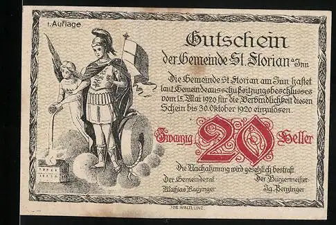 Notgeld St. Florian 1920, 20 Heller, Hl. Florian mit Fahne, Dampfschiff vor Stadtansicht, Seriennummer und Wappen