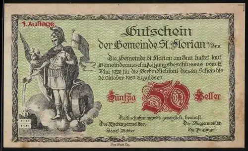 Notgeld St. Florian 1920, 50 Heller, römischer Krieger und Stadtansicht mit Fluss