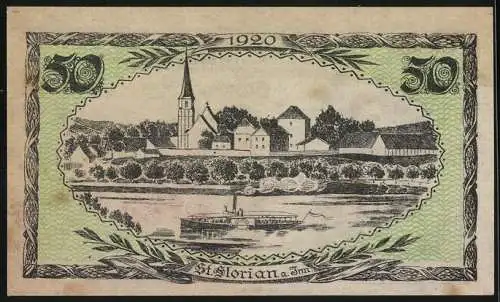 Notgeld St. Florian 1920, 50 Heller, römischer Krieger und Stadtansicht mit Fluss