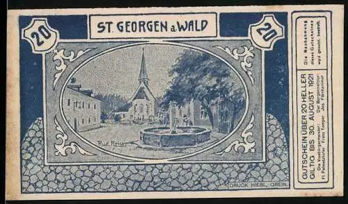 Notgeld St. Georgen am Wald 1921, 20 Heller, Stadtansicht mit Kirche und Brunnen