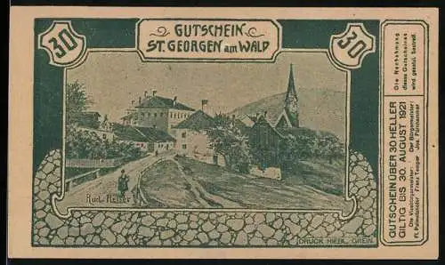 Notgeld St. Georgen am Wald 1921, 30 Heller, ländliche Szene mit Kirche und Gebäuden, gültig bis 30. August 1921