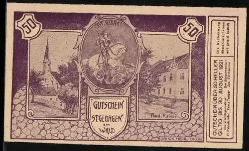 Notgeld St. Georgen am Wald 1921, 50 Heller, St. Georg und Landschaftsmotive