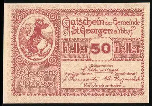 Notgeld St. Georgen 1920, 50 Heller, Ritter und Erntewagen-Motiv