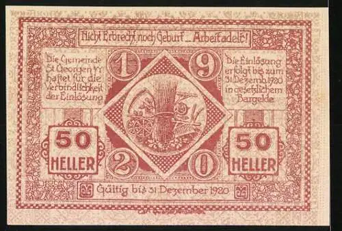 Notgeld St. Georgen 1920, 50 Heller, Ritter und Erntewagen-Motiv