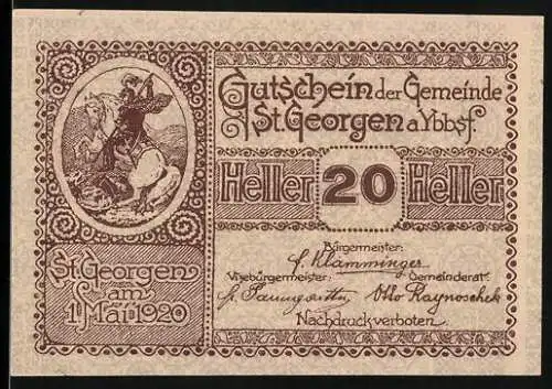 Notgeld St. Georgen 1920, 20 Heller, Ritter auf Pferd und landwirtschaftliche Symbole, Gültigkeit bis 31. Dez. 1920