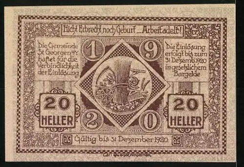 Notgeld St. Georgen 1920, 20 Heller, Ritter auf Pferd und landwirtschaftliche Symbole, Gültigkeit bis 31. Dez. 1920