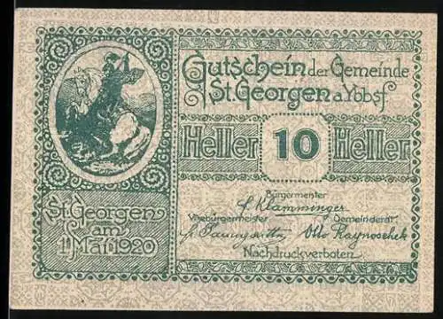 Notgeld St. Georgen 1920, 10 Heller, Reiterdarstellung und landwirtschaftliche Symbole