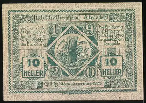 Notgeld St. Georgen 1920, 10 Heller, Reiterdarstellung und landwirtschaftliche Symbole