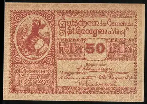 Notgeld St. Georgen am Ybbsfelde 1920, 50 Heller, St. Georg mit Drache und Erntewagen-Motiv