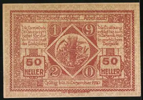 Notgeld St. Georgen am Ybbsfelde 1920, 50 Heller, St. Georg mit Drache und Erntewagen-Motiv