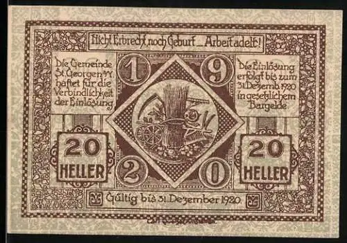 Notgeld St. Georgen 1920, 20 Heller, Motiv mit Erntewagen und Reiter auf Pferd, gültig bis 31. Dezember 1920