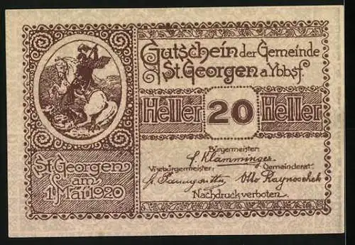 Notgeld St. Georgen 1920, 20 Heller, Motiv mit Erntewagen und Reiter auf Pferd, gültig bis 31. Dezember 1920