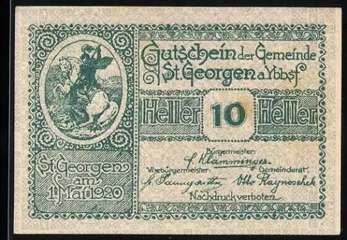 Notgeld St. Georgen 1920, 10 Heller, Reiter auf Pferd und landwirtschaftliche Symbole