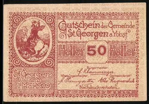 Notgeld St. Georgen 1920, 50 Heller, St. Georg Motiv und Erntewagen, Gültigkeitstext