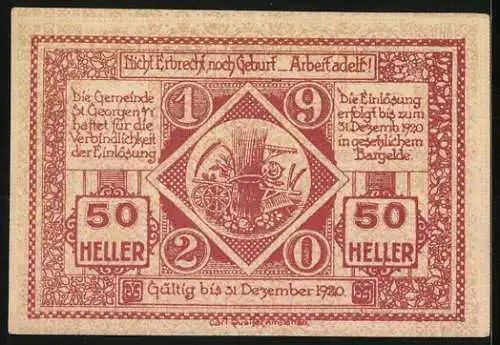 Notgeld St. Georgen 1920, 50 Heller, St. Georg Motiv und Erntewagen, Gültigkeitstext