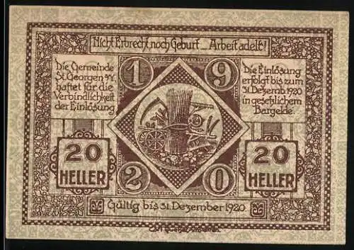 Notgeld St. Georgen 1920, 20 Heller, Ritter auf Pferd und Erntewagen, gültig bis 31. Dezember 1920