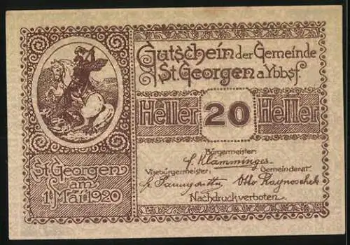 Notgeld St. Georgen 1920, 20 Heller, Ritter auf Pferd und Erntewagen, gültig bis 31. Dezember 1920