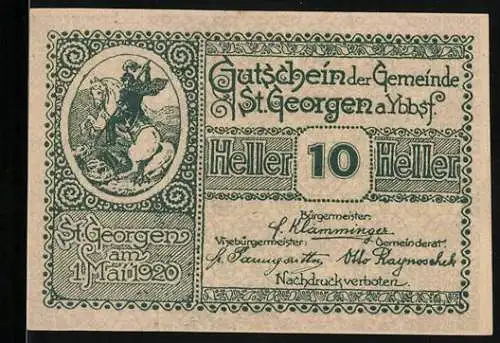 Notgeld St. Georgen 1920, 10 Heller, Reiterdarstellung und landwirtschaftliches Motiv